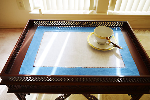 White Hemstitch Placemat 14"x20". French Blue color border